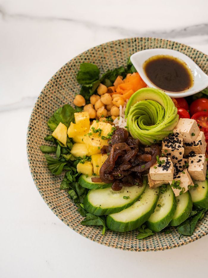 The Nomad poké bowl with rice, avocado, mango, edamame and tofu.